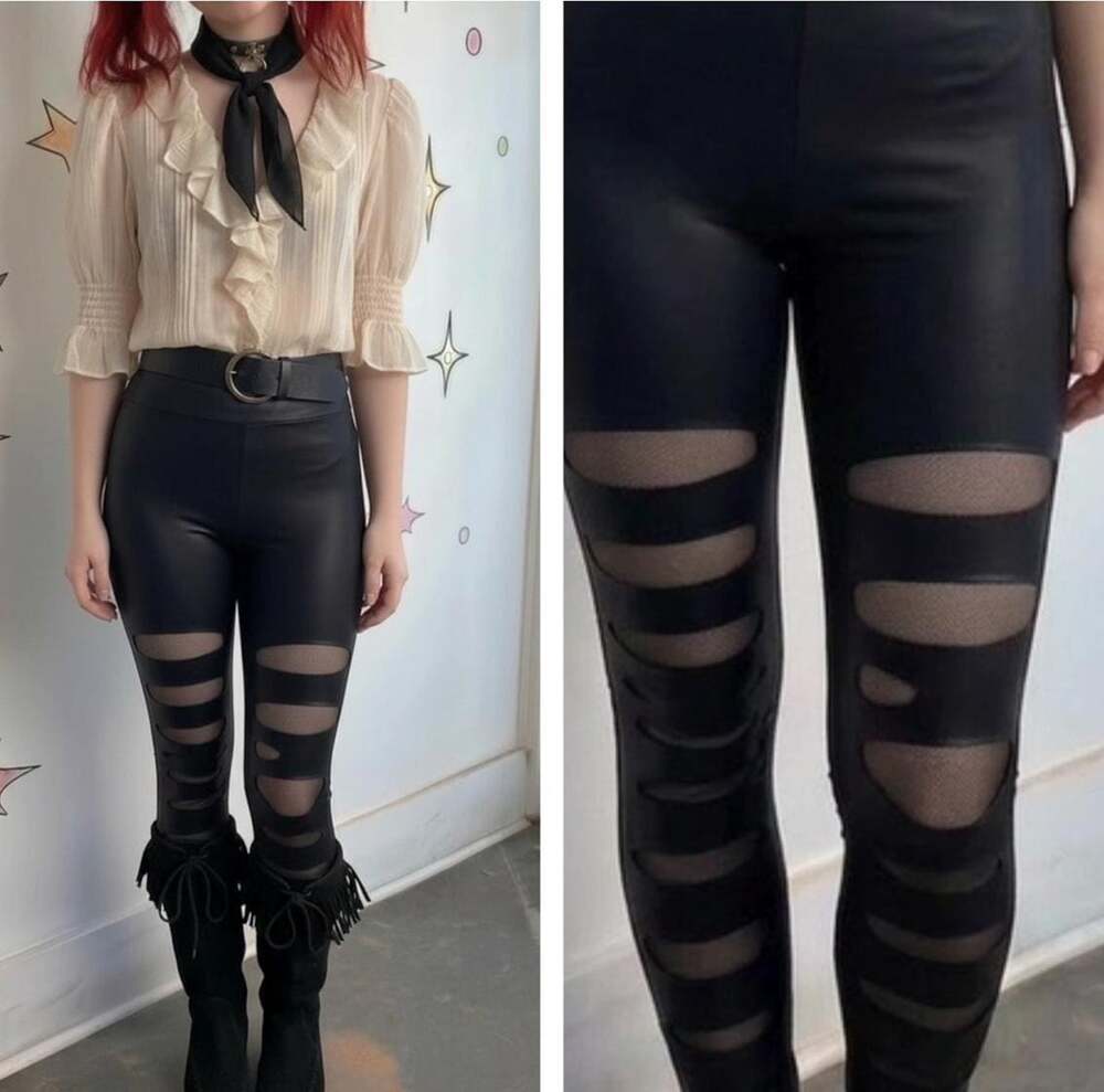 Y2K Black Vegan Leather Pants Thrashed Cyber Goth Punk High Rise Glam Leggings S